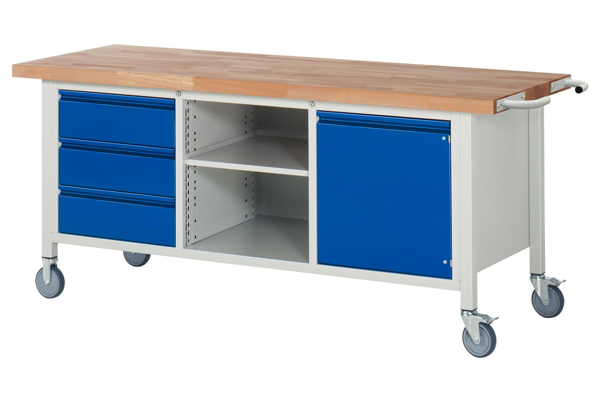 Werkbank fahrbar | H 880 x T 700 x B 2000 mm | mit 1 Tür, Ablageboden, 3 Schubladen H 180 mm
