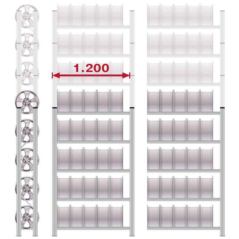 Felgenregal UNIRACK | Anbauregal | H 2500 x T 300 x L 1200 mm | 6 Ebenen | Fachlast 200 kg | bis zu 48 Felgen