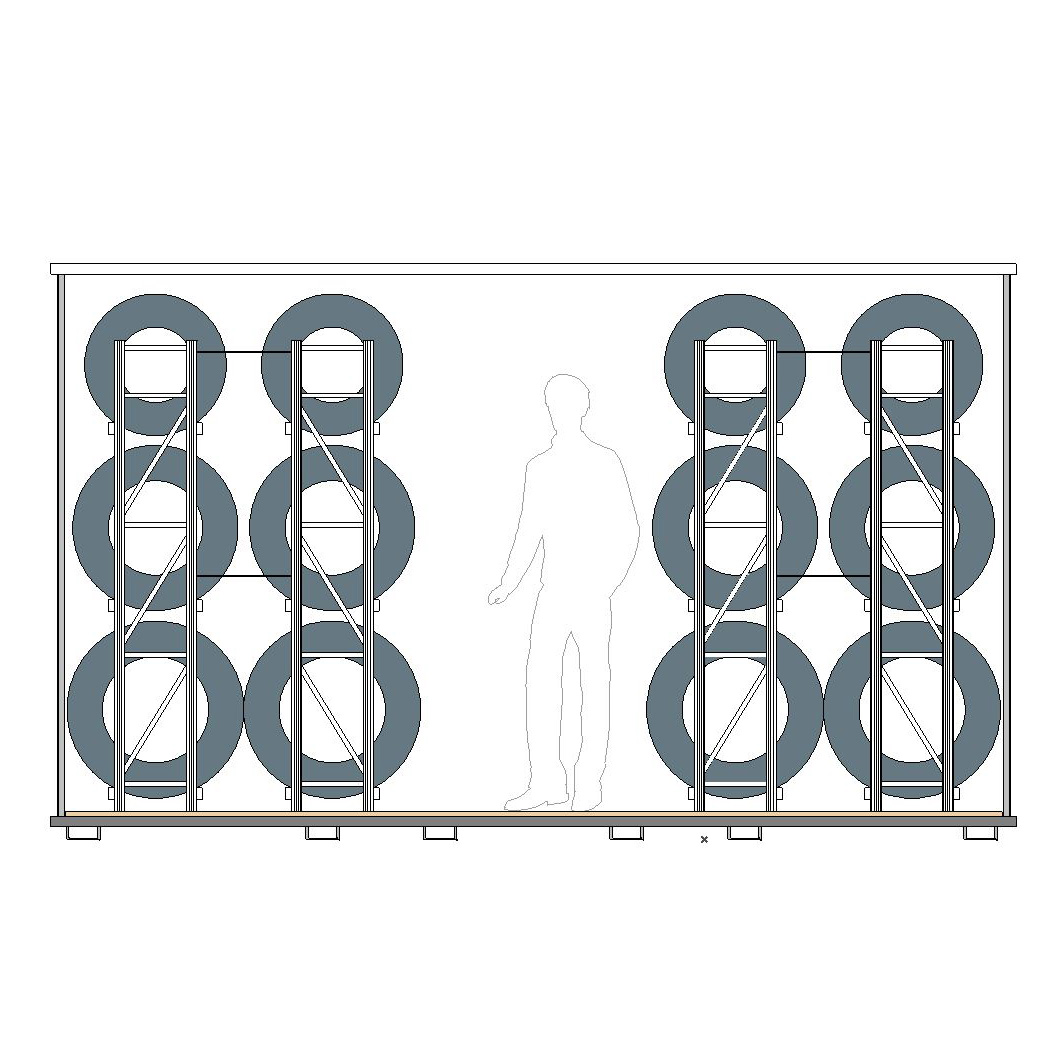 Reifenregal GENIUS | Komplettregal für Reifencontainer XXL | 4x H 2000 x T 400 x L 6000 mm | 3 Ebenen | Fachlast 300 kg | für 288 Räder