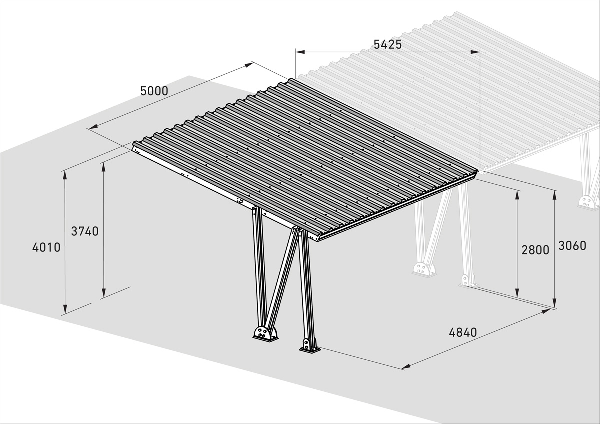 Carport | Pultdach | H 4010 x T 5425 x L 5000 mm | Anbaumodul für 2 Stellplätze