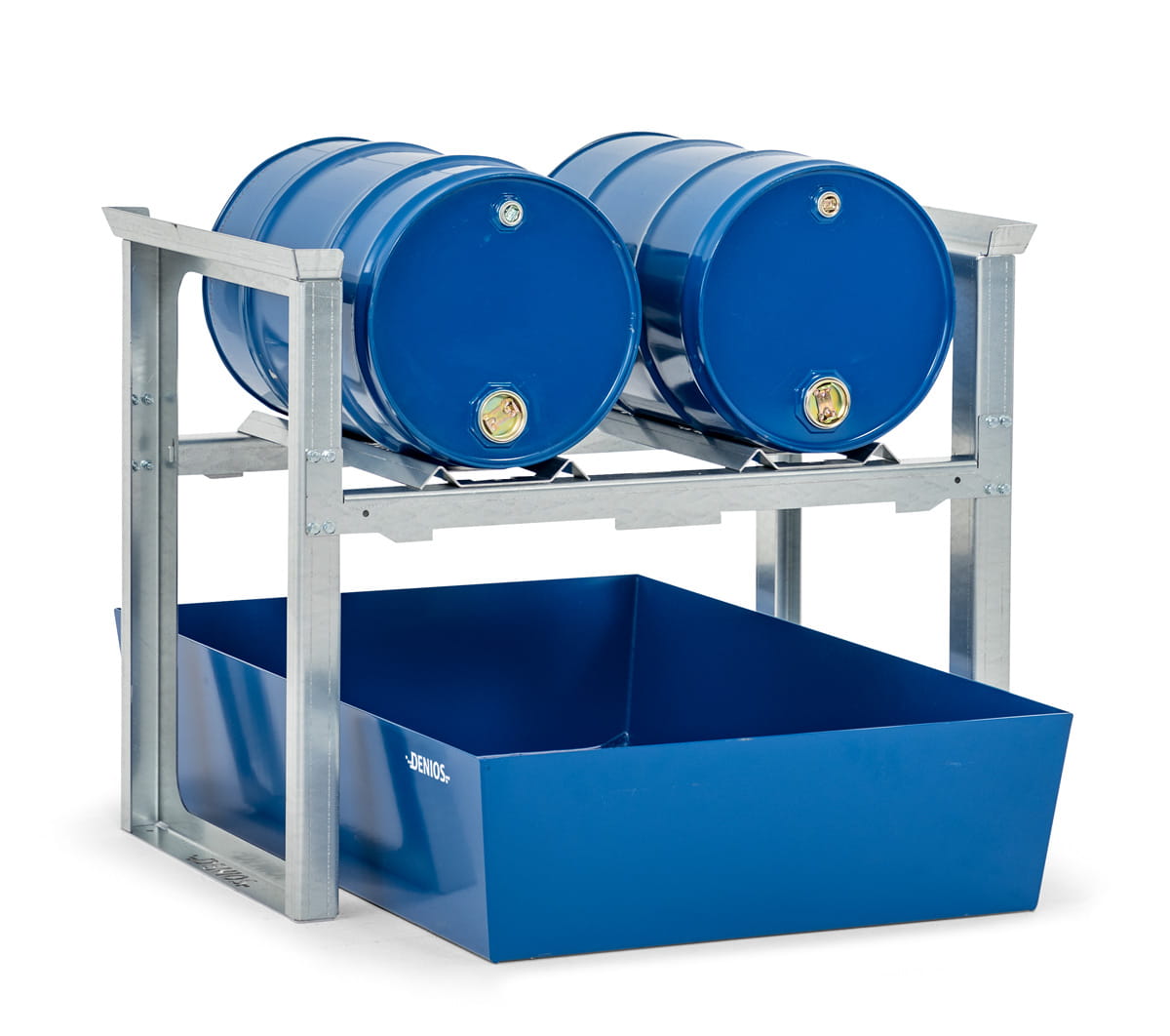 Fassregale | H 837 x T 1236 x L 1049 mm | für 2 Fässer à 60 l | Auffangwanne lackiert | stapelbar