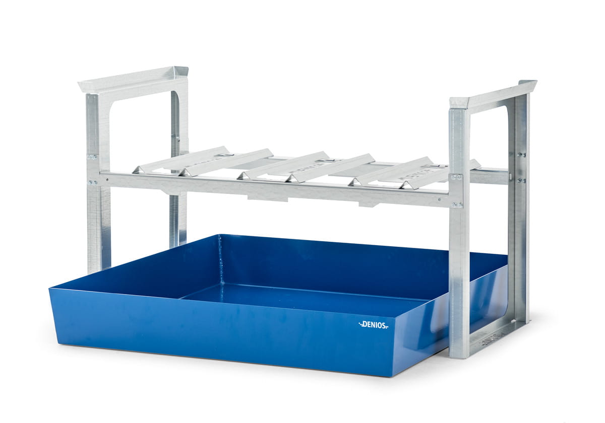 Fassregale | H 837 x T 1210 x L 1429 mm | für 3 Fässer à 60 l | Auffangwanne lackiert | stapelbar