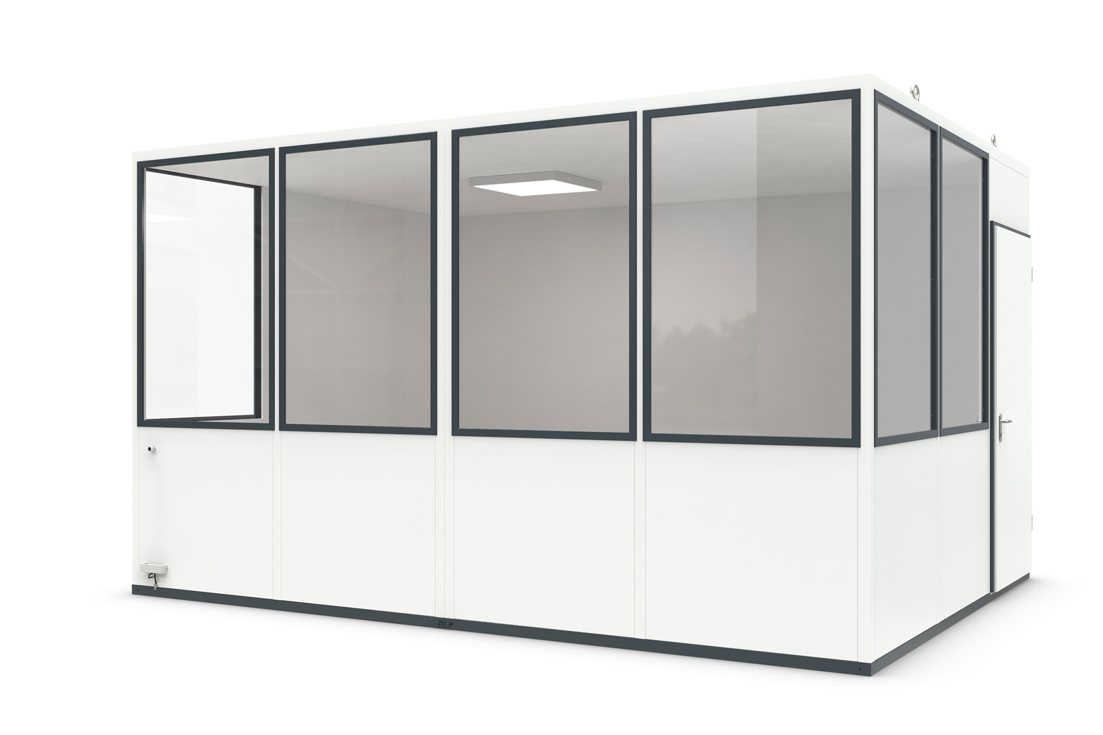 Hallenbüro Meisterbüro Indoor für Lager & Produktion | H 2680 x T 3390 x L 4560 mm | 7 Fenster | 1 Tür | mit Elektropaket Starter Plus