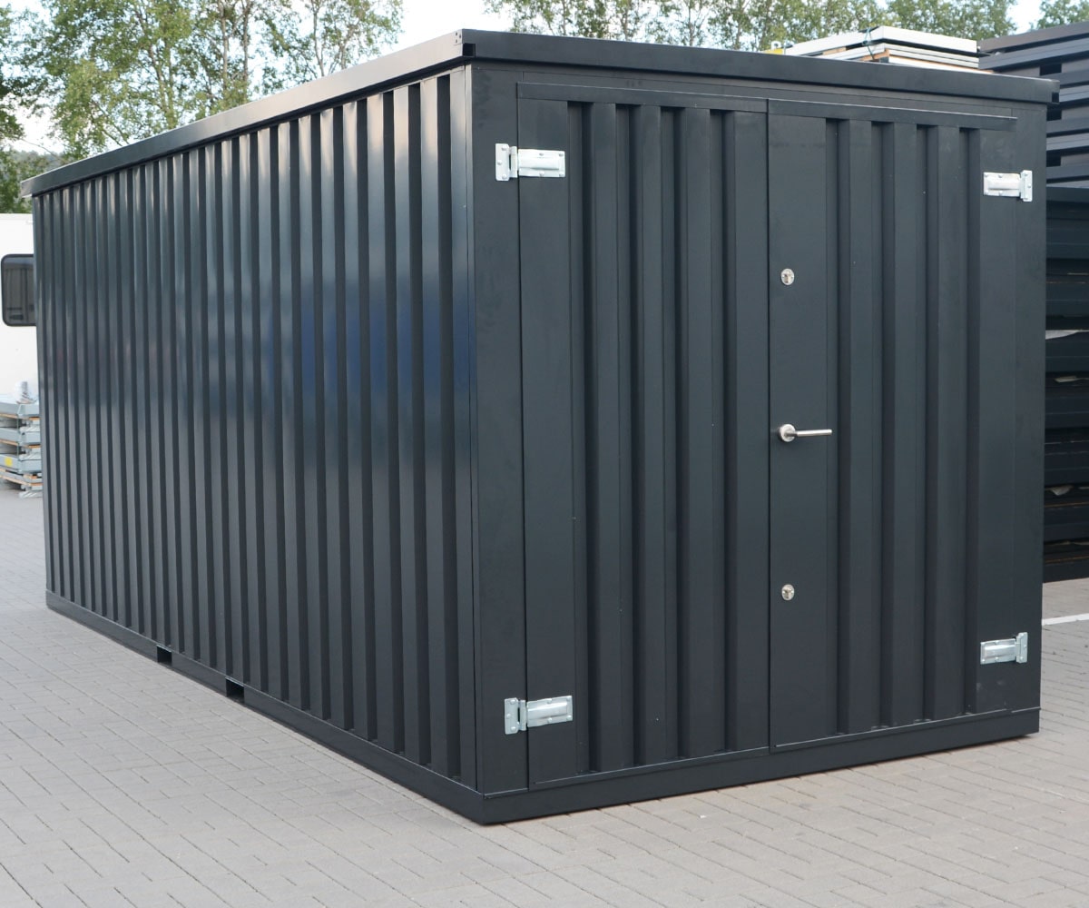 Materialcontainer MC3 lackiert RAL 7021 Schwarzgrau | H 2088 x B 2142 x T 2950 mm | Tür stirnseitig zweiflügelig