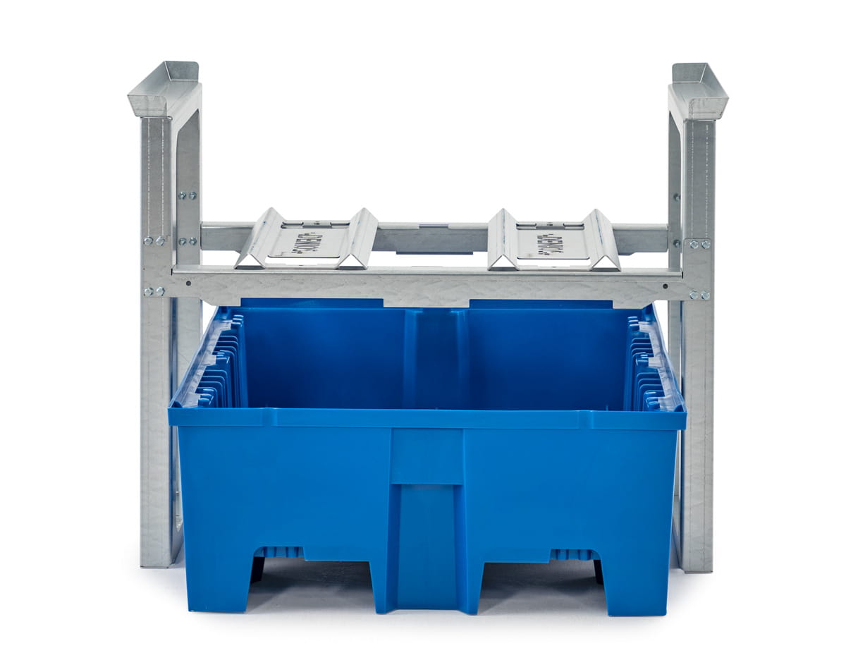 Fassregale | H 837 x T 1245 x L 1049 mm | für 2 Fässer à 60 l | Auffangwanne Kunststoff | stapelbar