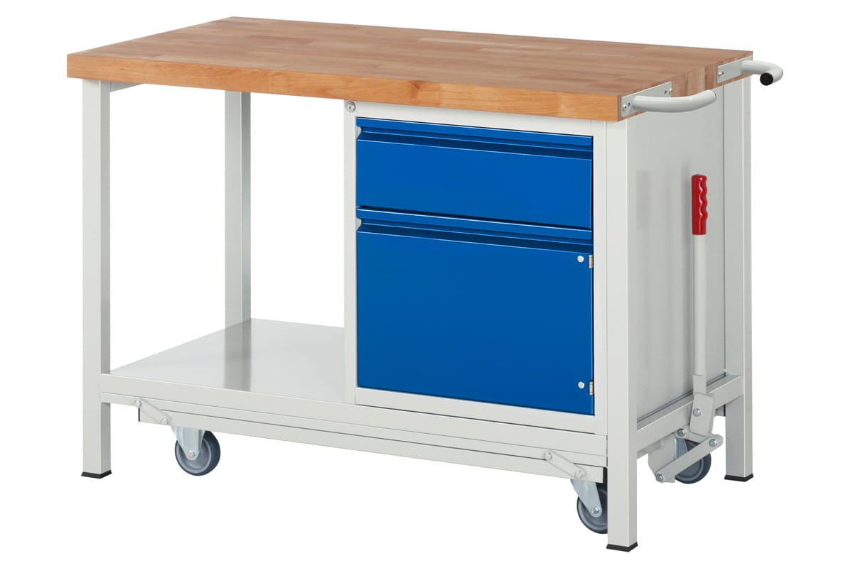 Werkbank mit absenkbarem Fahrgestell | H 880 x T 700 x B 1250 mm | mit 1 Tür + 1 Schublade H 180 mm