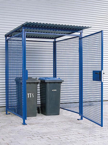 Gittercontainer Universalbox | H 2200 x T 1500 x L 1500 mm | Wände + Tür aus Drahtgitter | zinkgrundiert/color RAL 5002 blau