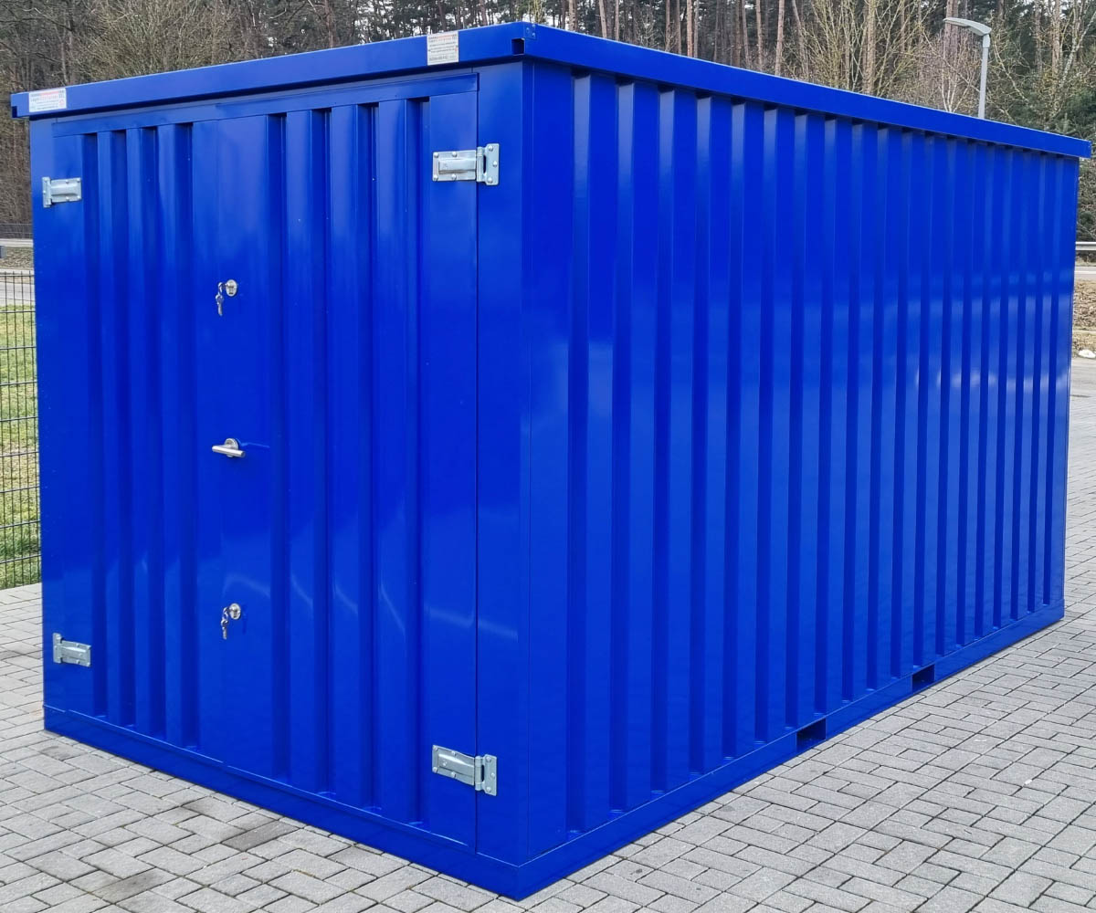 Materialcontainer MC4 lackiert RAL 5002 Ultramarinblau | H 2090 x B 2142 x T 3882 mm | Tür stirnseitig zweiflügelig