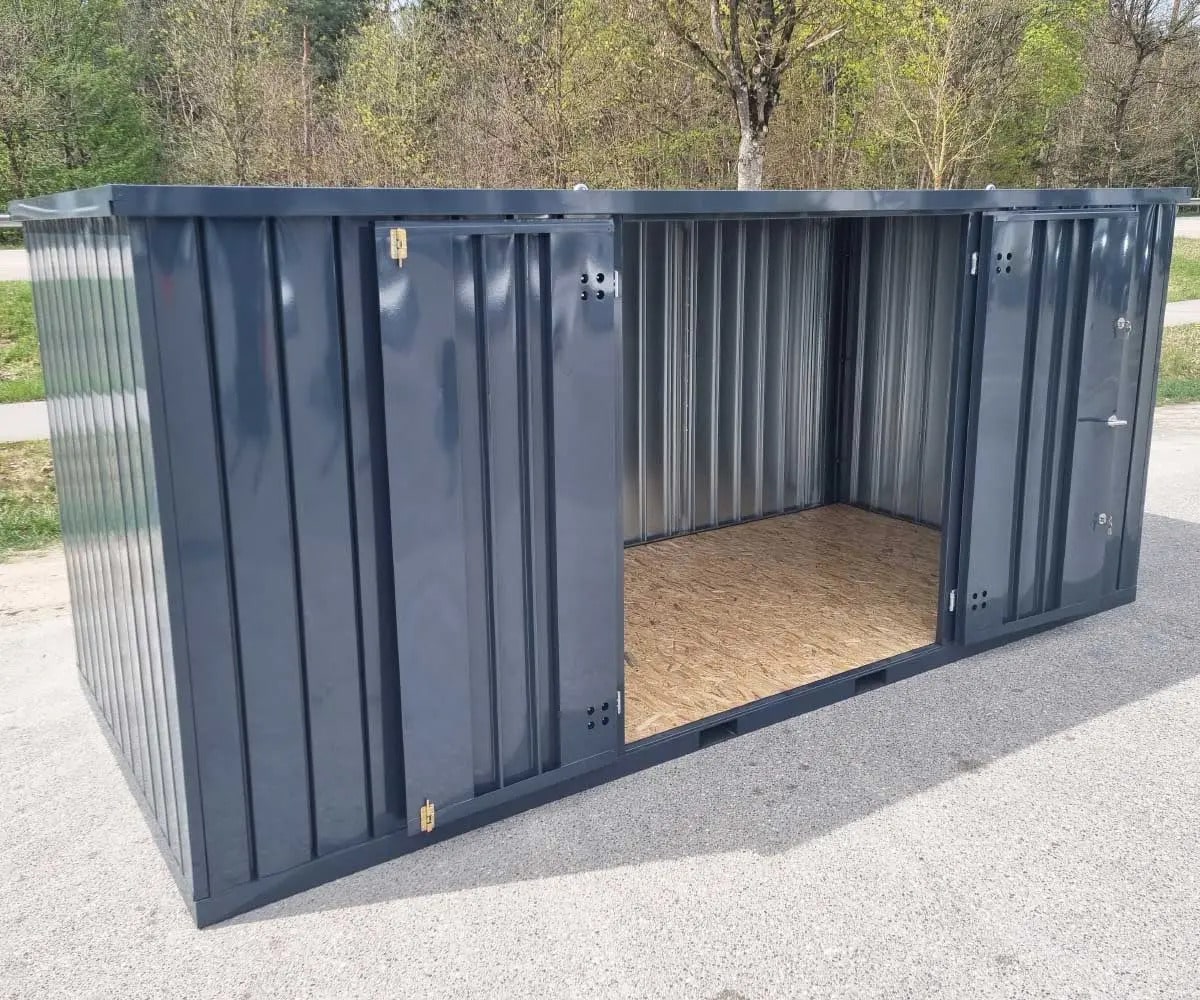 Materialcontainer MC5 lackiert RAL 7016 Anthrazitgrau | H 2090 x B 2142 x T 4882 mm | Tür längsseitig zweiflügelig