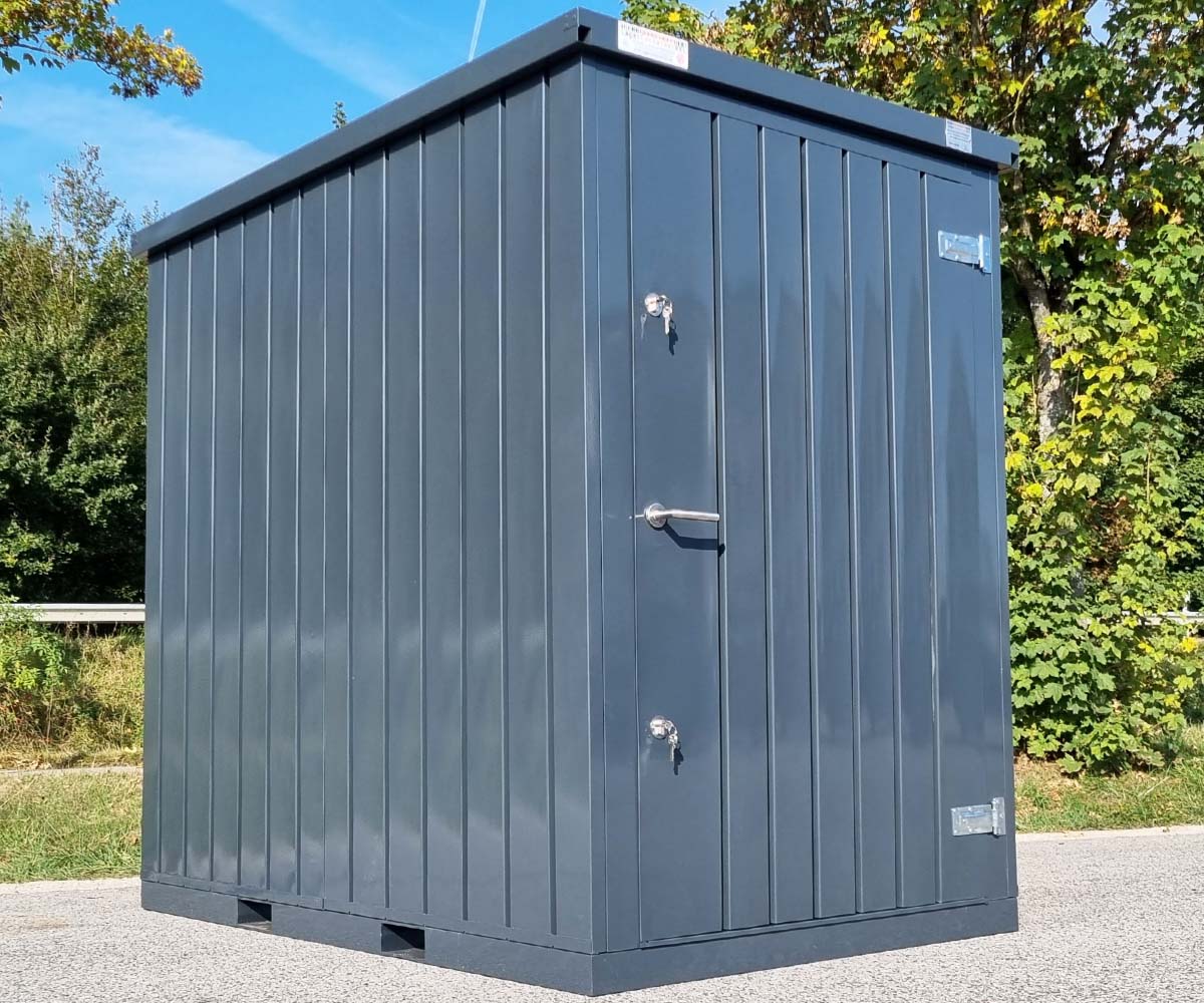 Materialcontainer MC1 lackiert RAL 7016 Anthrazitgrau | H 2090 x B 1500 x T 2280 mm | Tür stirnseitig einflügelig