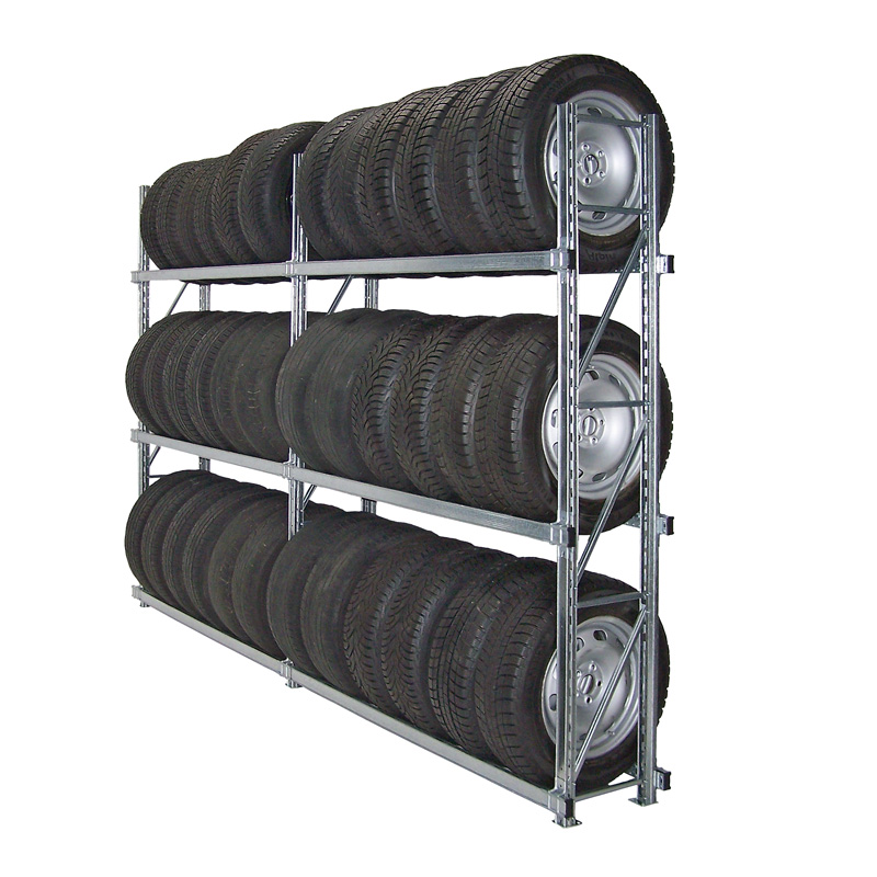 Reifenregal GENIUS | Komplettregal | H 2500 x T 400 x L 3000 mm | 3 Ebenen | Fachlast 300 kg | für 36 Räder