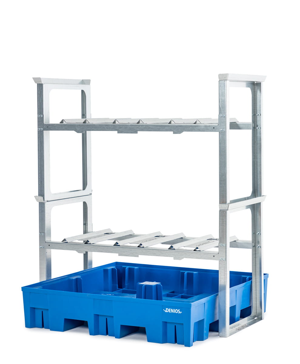 Fassregale | H 1637 x T 1235 x L 1429 mm | für 6 Fässer à 60 l | Auffangwanne Kunststoff | stapelbar