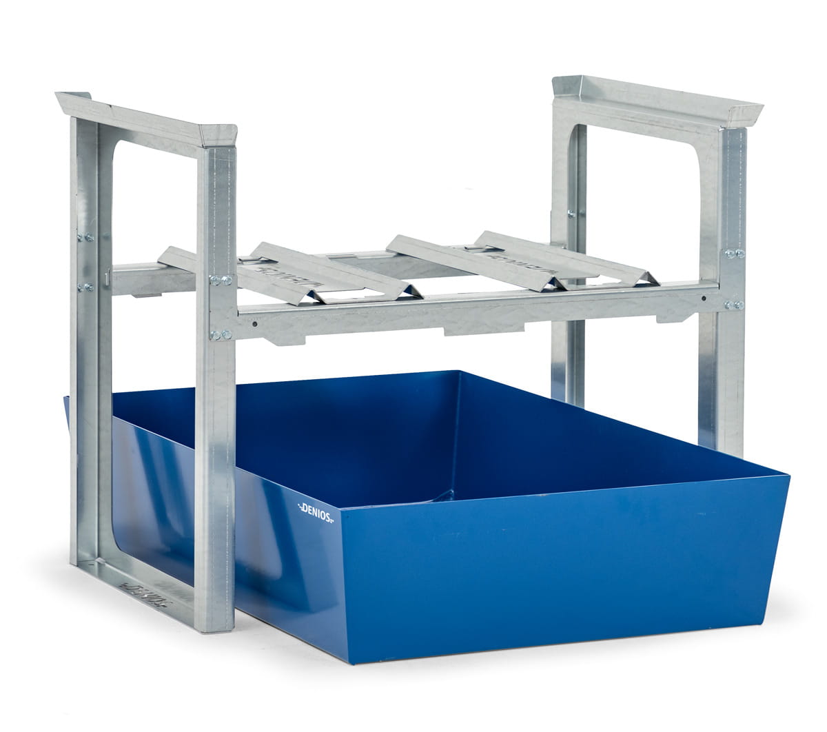 Fassregale | H 837 x T 1236 x L 1049 mm | für 2 Fässer à 60 l | Auffangwanne lackiert | stapelbar