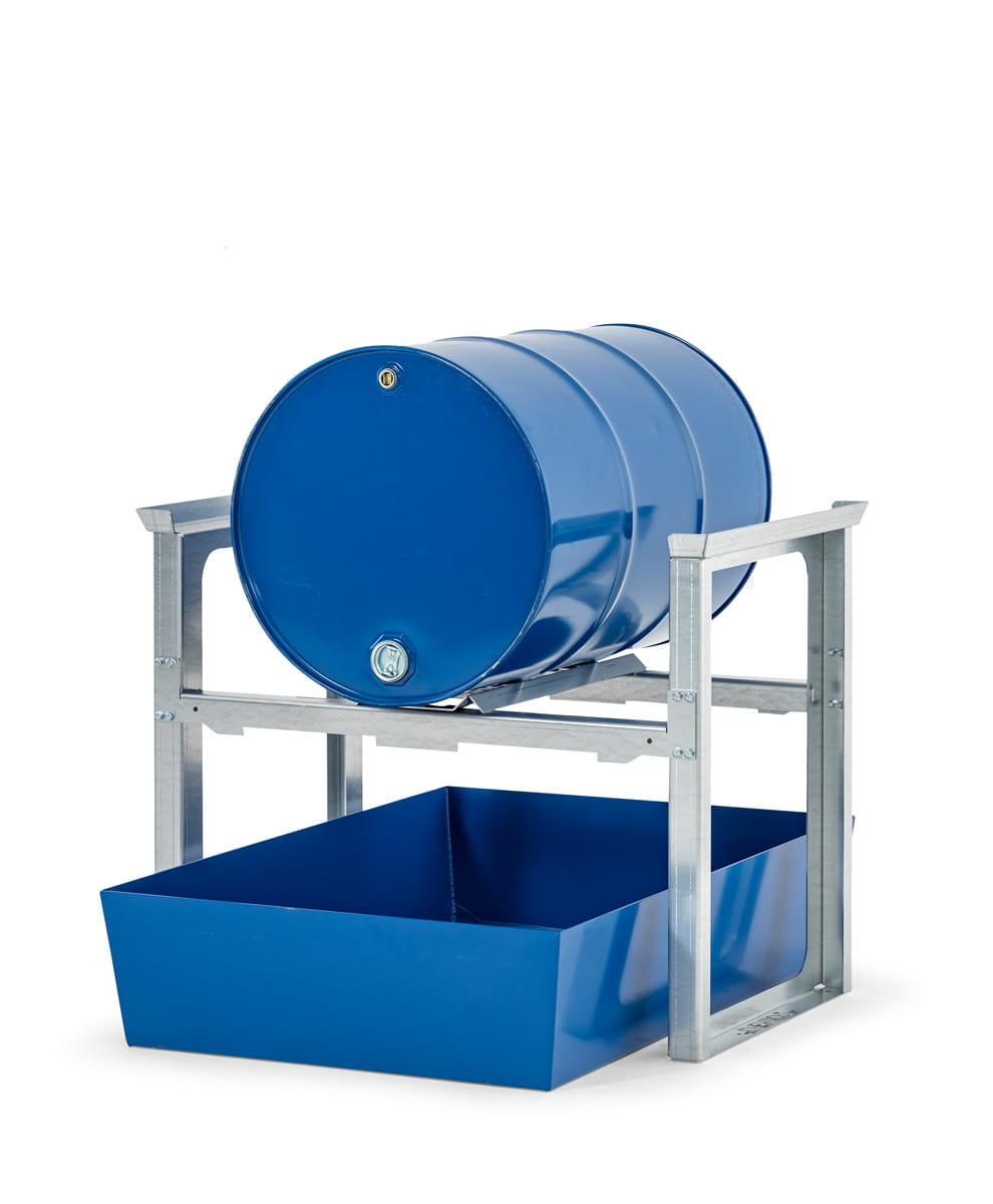 Fassregale | H 837 x T 1236 x L 1049 mm | für 1 Fass à 200 l | Auffangwanne lackiert | stapelbar