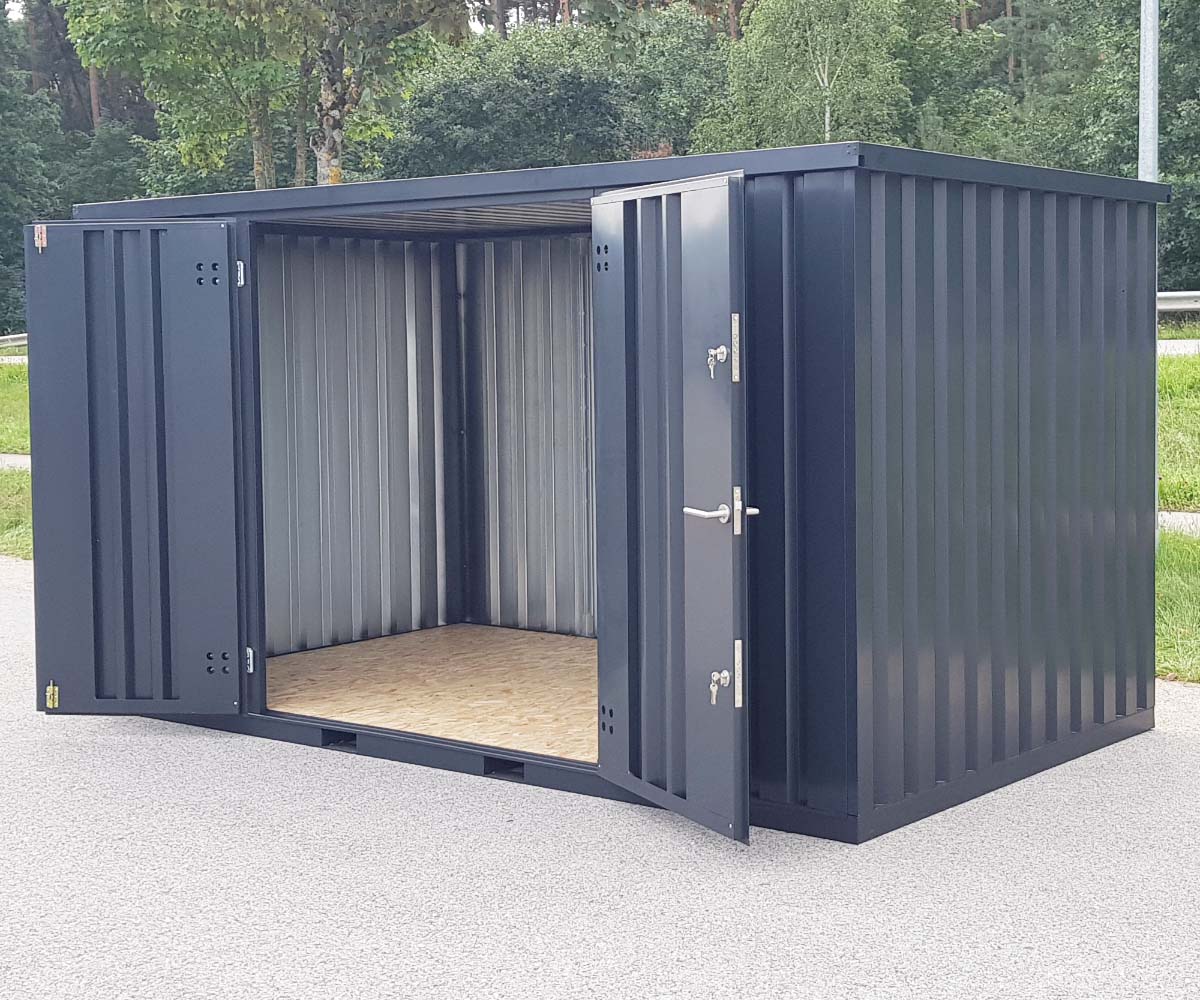 Materialcontainer MC3 lackiert RAL 7021 Schwarzgrau | H 2090 x B 2142 x T 2950 mm | Tür längsseitig zweiflügelig