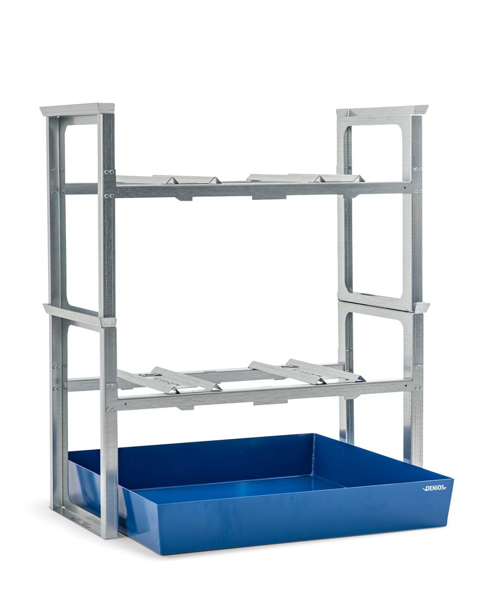 Fassregale | H 1637 x T 1210 x L 1429 mm | für 4 Fässer à 200 l | Auffangwanne lackiert | stapelbar
