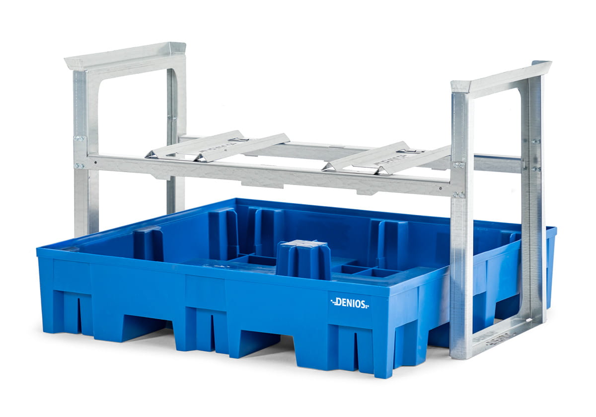 Fassregale | H 837 x T 1235 x L 1429 mm | für 2 Fässer à 200 l | Auffangwanne Kunststoff | stapelbar