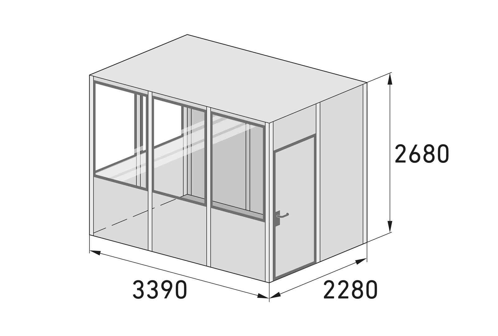 Hallenbüro Meisterbüro Indoor für Lager & Produktion | H 2680 x T 2280 x L 3390 mm | 5 Fenster | 1 Tür