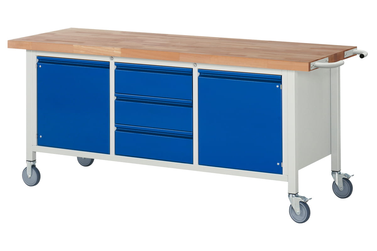 Werkbank fahrbar | H 880 x T 700 x B 2000 mm | mit 2 Türen, 3 Schubladen H 180 mm