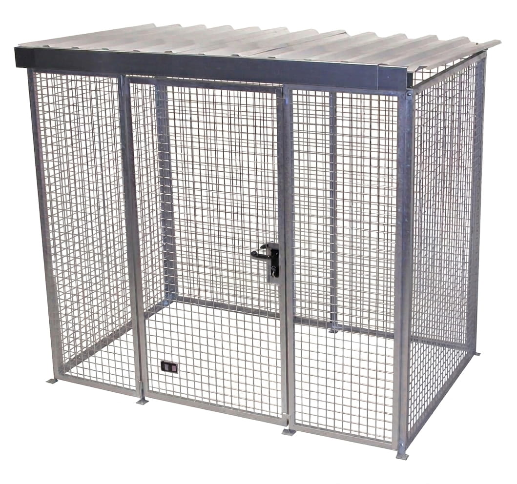 Gasflaschencontainer | Gittercontainer | H 2190 x B 1500 x L 2400 mm | mit Dach | Flügeltor | feuerverzinkt | für 54 Gasflaschen