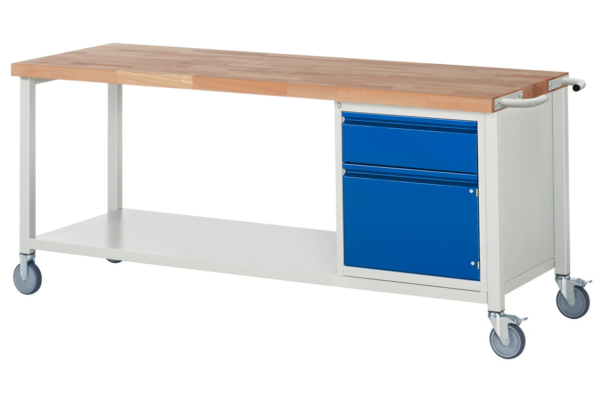Werkbank fahrbar | H 880 x T 700 x B 2000 mm | mit 1 Tür, 1 Schublade H 180 mm