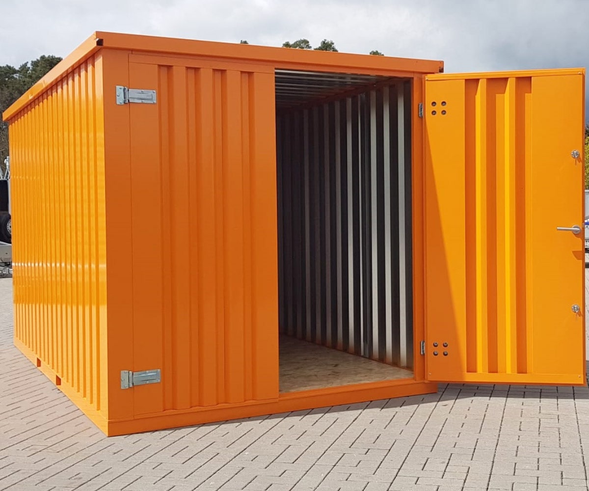 Materialcontainer MC4 lackiert RAL 2011 Tieforange | H 2090 x B 2142 x T 3882 mm | Tür stirnseitig zweiflügelig