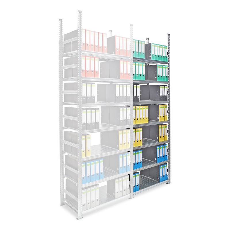 Archivregal Aktenregal SUPER | Anbauregal | H 2500 x T 600 x L 600 mm | für 42 Ordner | 7 Fachböden | doppels. | verzinkt
