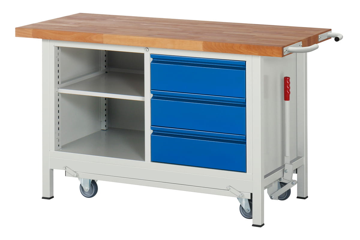 Werkbank absenkbar | H 880 x T 700 x B 1500 mm | mit 3 Schubladen H 180 mm, 1 Ablageboden