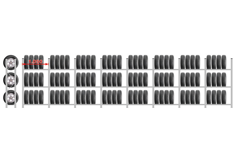 Reifenregal UNIRACK | Komplettregal | H 2000 x T 400 x L 8500 mm | 3 Ebenen | Fachlast 200 kg | für 96 Räder