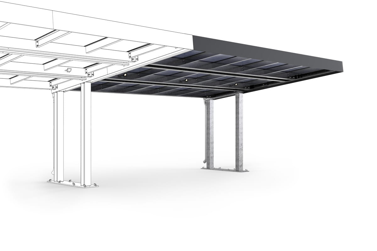 Solarcarport | H 3290 x T 5265 x L 5842 mm | inkl. 15 Photovoltaik-Module | Anbaumodul für 2 Stellplätze