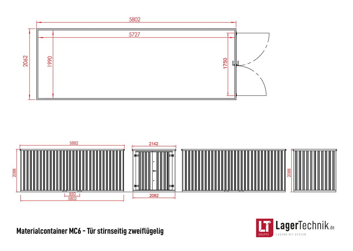 Materialcontainer MC6 lackiert RAL 7021 Schwarzgrau | H 2090 x B 2142 x T 5882 mm | Tür stirnseitig zweiflügelig