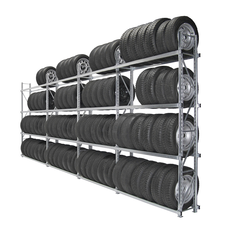 Reifenregal GENIUS | Komplettregal | H 2500 x T 400 x L 6000 mm | 4 Ebenen | Fachlast 300 kg | für 96 Räder