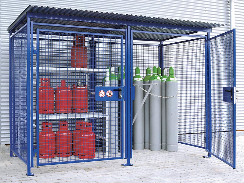 Gittercontainer Universalbox | H 2200 x T 1500 x L 3000 mm | Wände + Tür aus Drahtgitter | zinkgrundiert/color RAL 5002 blau
