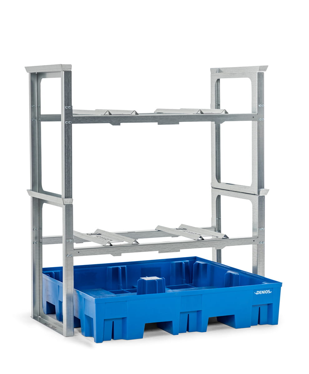 Fassregale | H 1637 x T 1235 x L 1429 mm | für 4 Fässer à 200 l | Auffangwanne Kunststoff | stapelbar