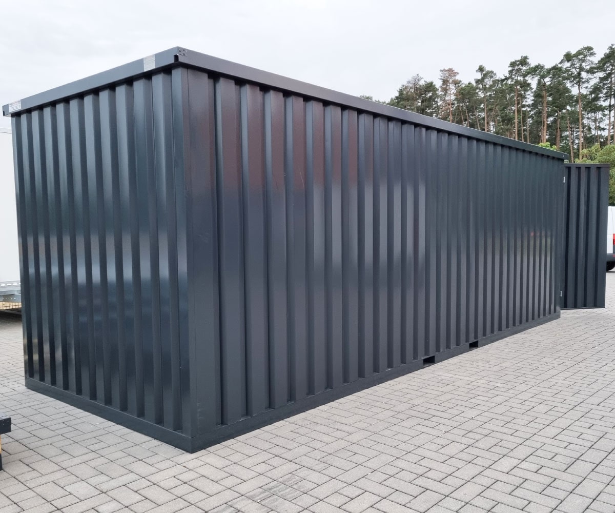 Materialcontainer MC6 lackiert RAL 7021 Schwarzgrau | H 2090 x B 2142 x T 5882 mm | Tür stirnseitig zweiflügelig