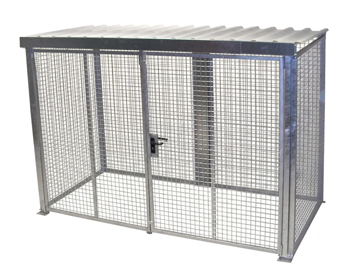 Gasflaschencontainer | Gittercontainer | H 2190 x B 1500 x L 3100 mm | mit Dach | Doppelflügeltor | feuerverzinkt | für 72 Gasflaschen