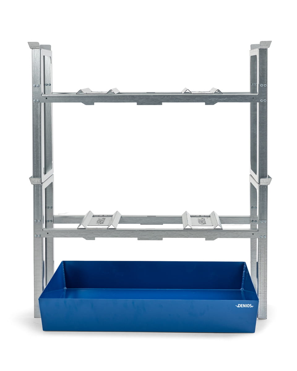 Fassregale | H 1637 x T 1210 x L 1429 mm | für 4 Fässer à 200 l | Auffangwanne lackiert | stapelbar