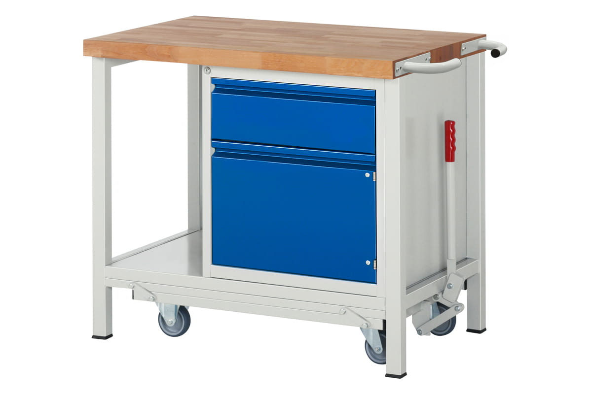 Werkbank absenkbar | H 880 x T 700 x B 1000 mm | mit 1 Tür, 1 Schublade H 180 mm