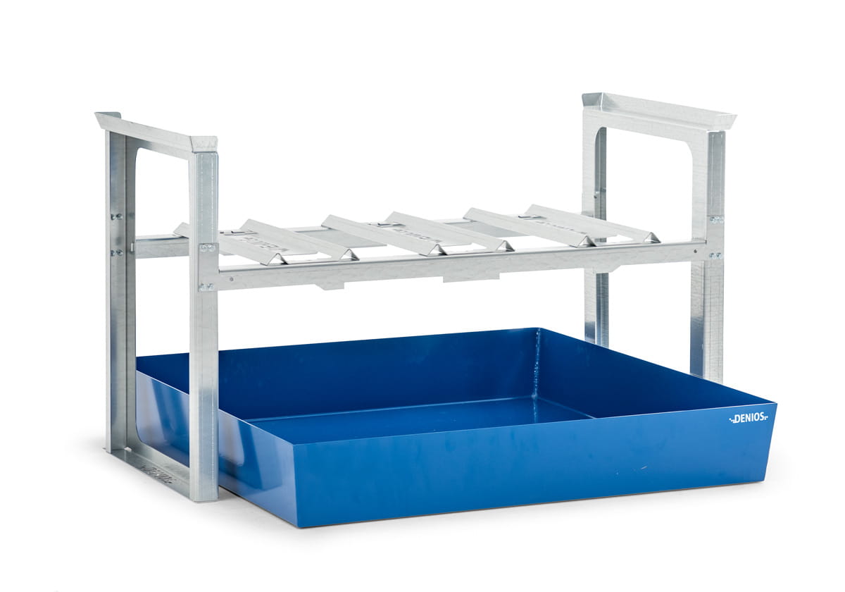 Fassregale | H 837 x T 1210 x L 1429 mm | für 3 Fässer à 60 l | Auffangwanne lackiert | stapelbar