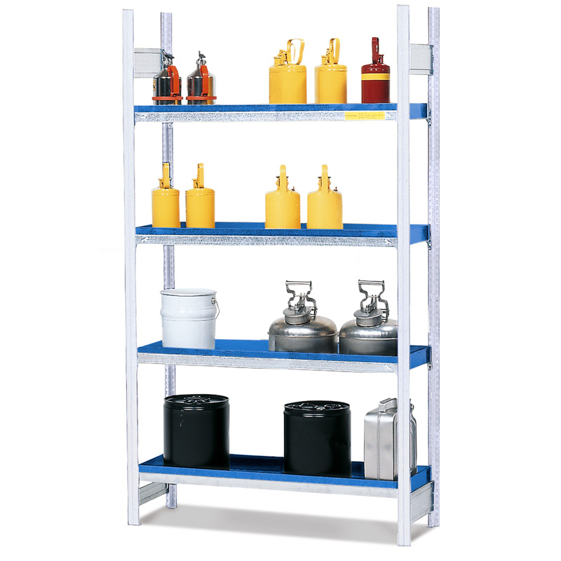 Gefahrstoffregal | Grundregal | H 2000 x T 437 x L 1300 mm | 4 Ebenen mit Lagerwannen | 25 Liter Auffangvolumen | Fachlast 200 kg