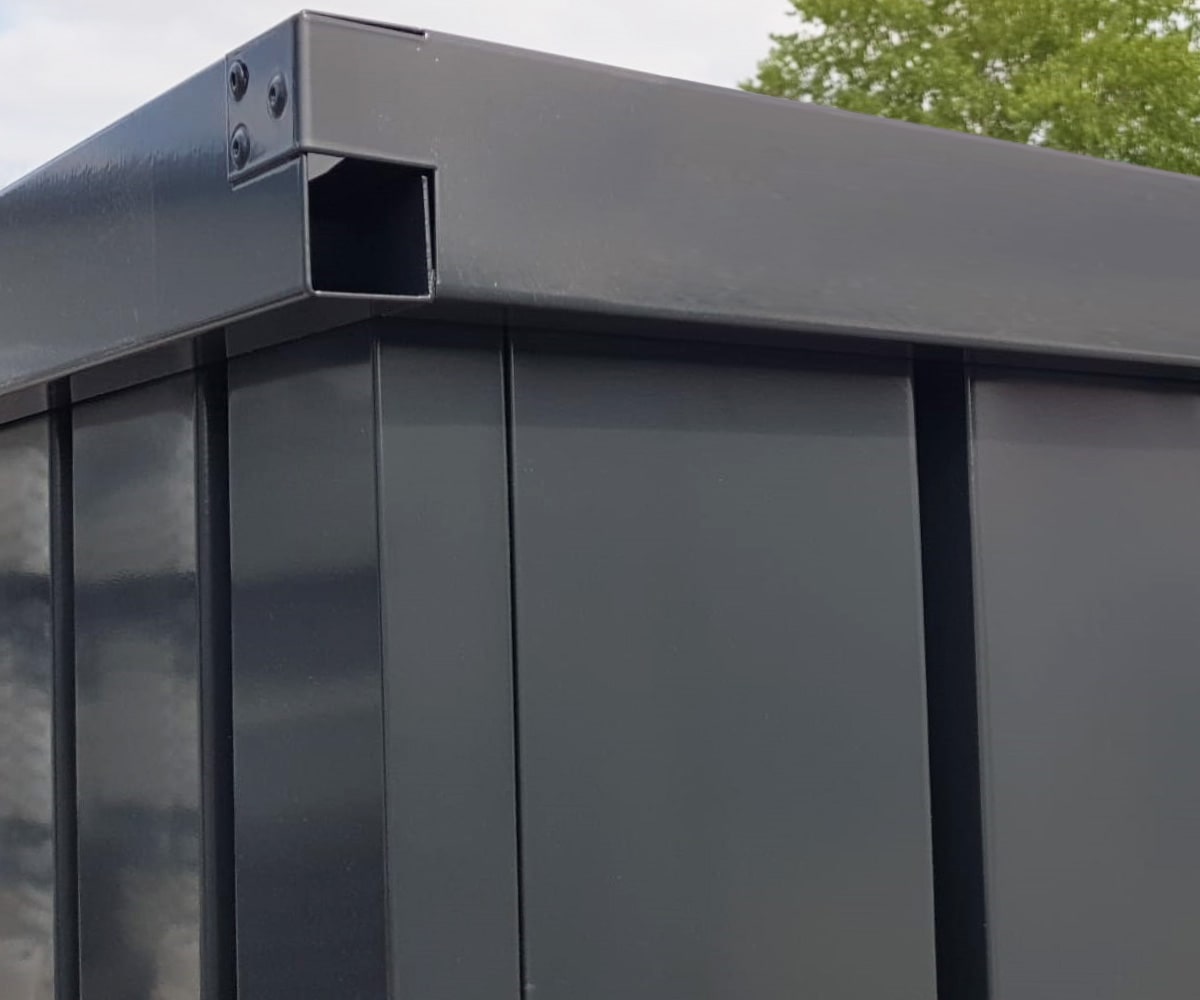 Materialcontainer MC4 lackiert RAL 7021 Schwarzgrau | H 2090 x B 2142 x T 3882 mm | Tür stirnseitig zweiflügelig