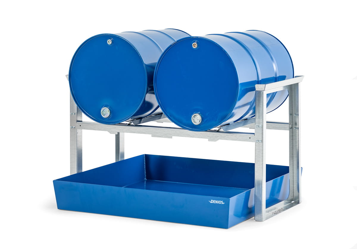 Fassregale | H 837 x T 1210 x L 1429 mm | für 2 Fässer à 200 l | Auffangwanne lackiert | stapelbar