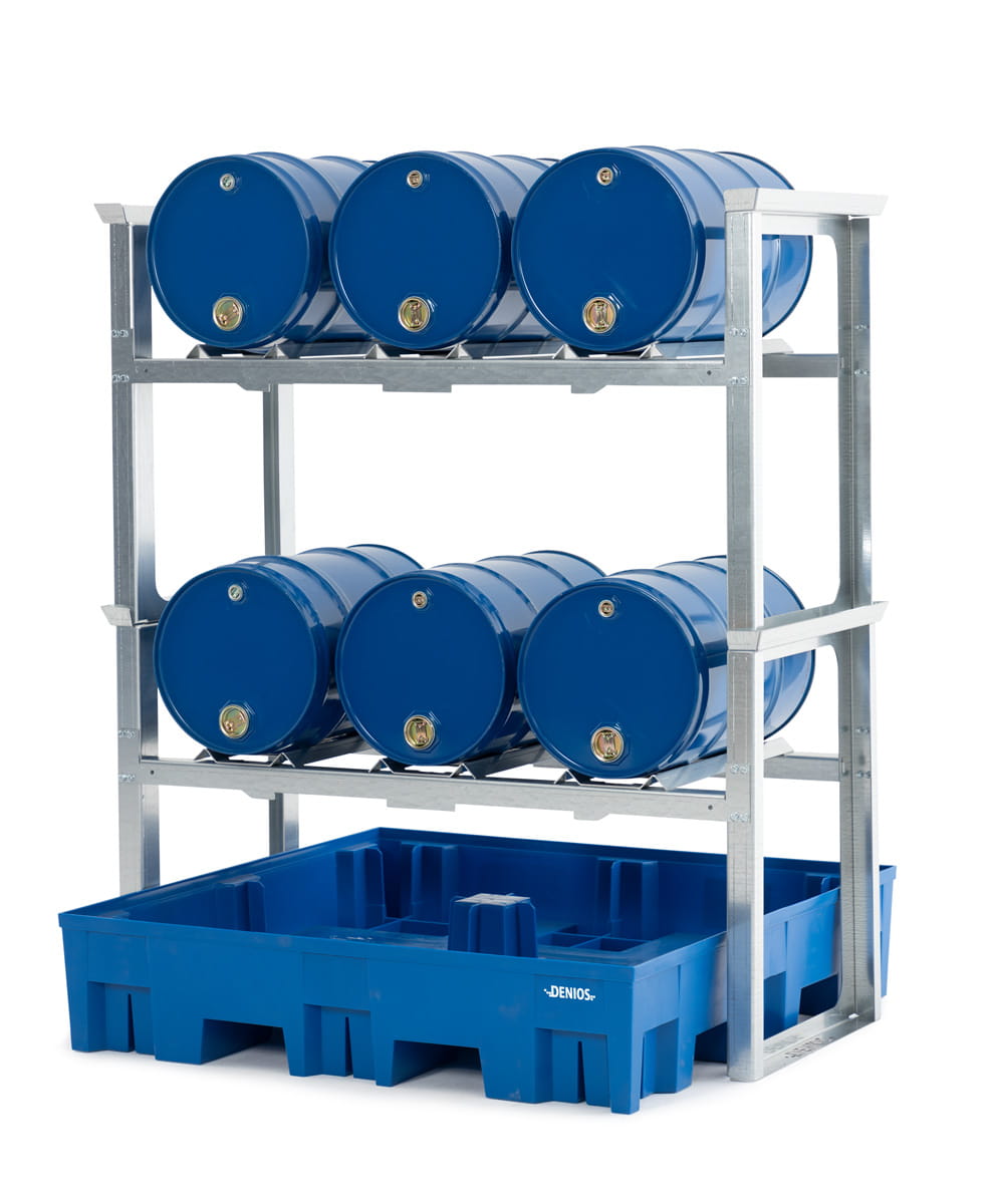Fassregale | H 1637 x T 1235 x L 1429 mm | für 6 Fässer à 60 l | Auffangwanne Kunststoff | stapelbar