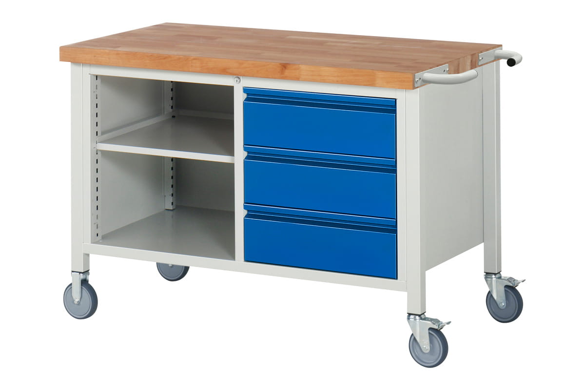 Werkbank fahrbar | H 880 x T 700 x B 1250 mm | mit 3 Schubladen H 180 mm, 1 Ablageboden