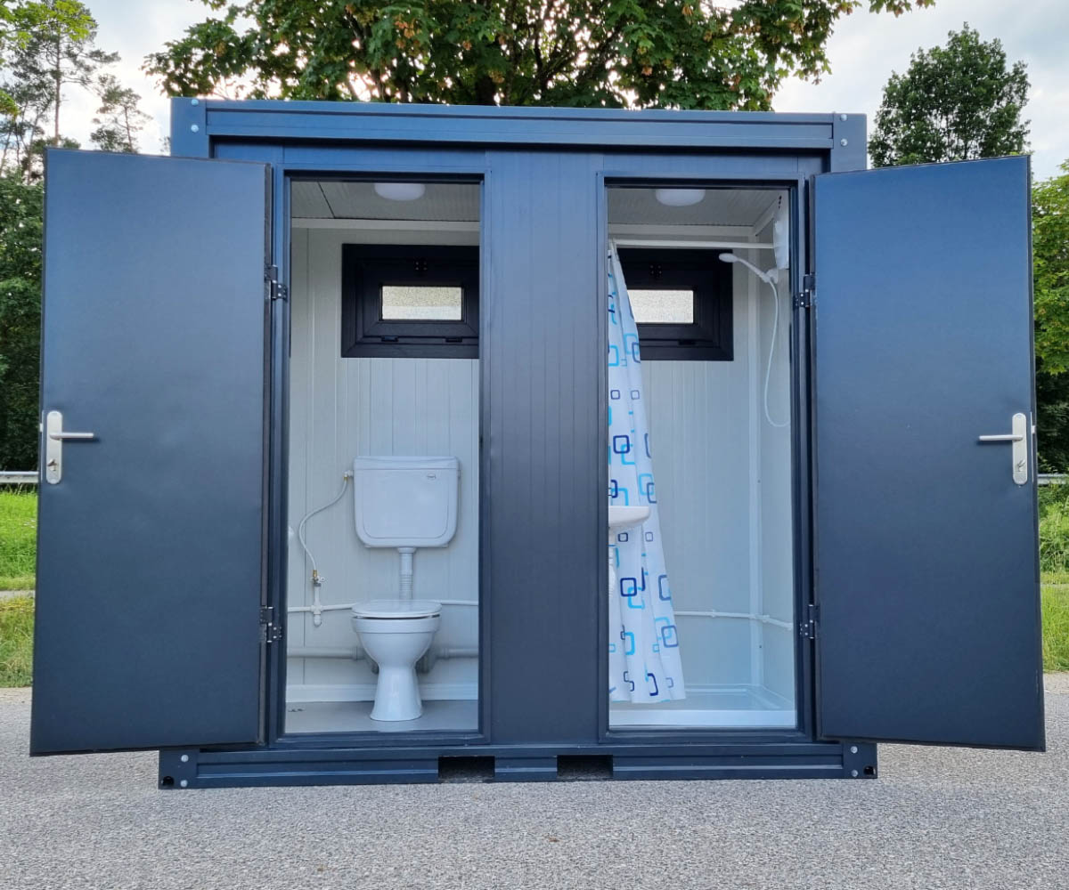 Sanitärcontainer SCDD RAL 7016 Anthrazitgrau | H 2350 x B 2400 x T 1250 mm | 2 Türen | mit Dusche