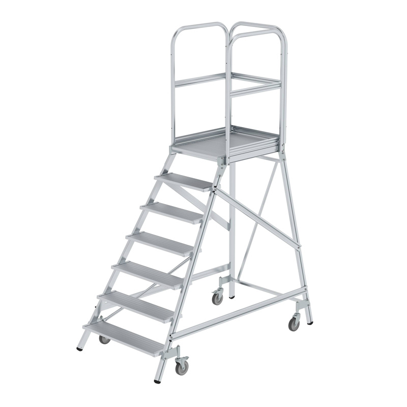 Podesttreppe | Aluminium | fahrbar | Arbeitshöhe 3,70 m | einseitig begehbar | 7 Stufen