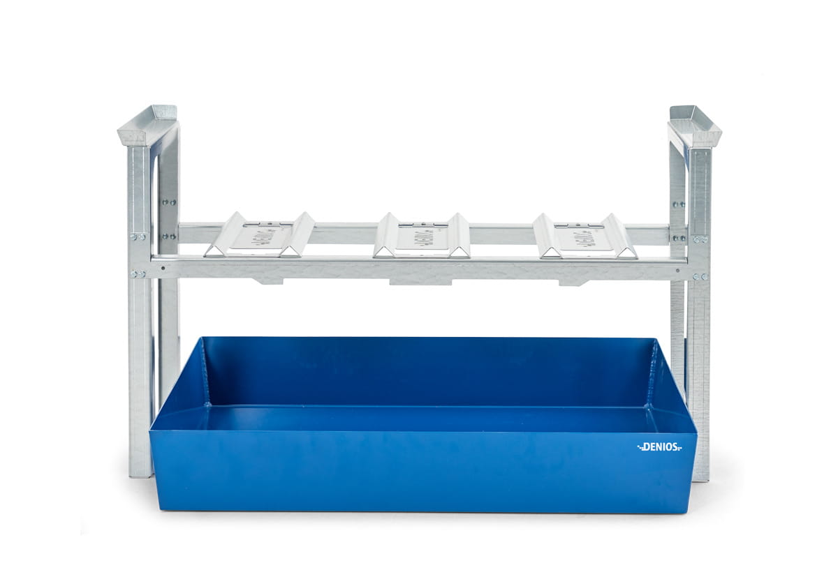 Fassregale | H 837 x T 1210 x L 1429 mm | für 3 Fässer à 60 l | Auffangwanne lackiert | stapelbar