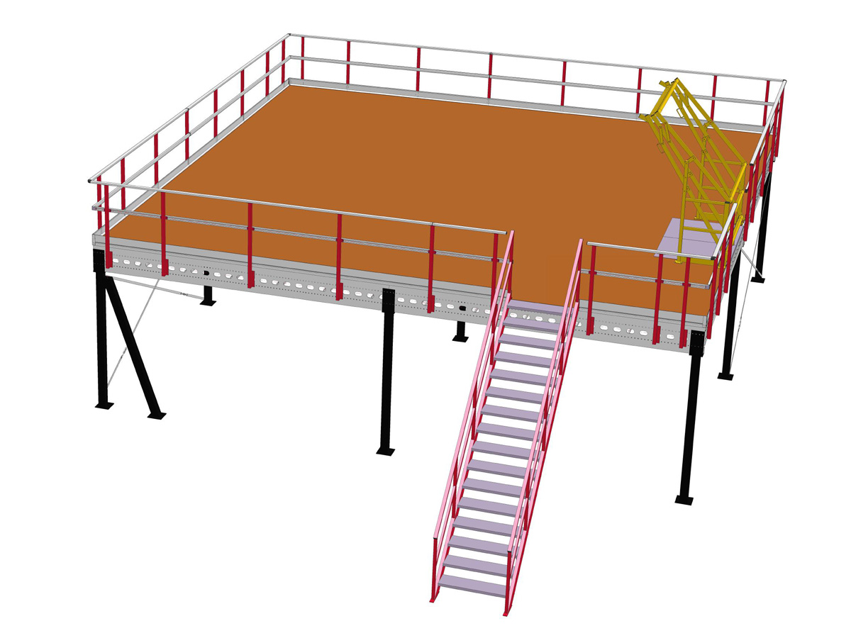 Lagerbühne 7x7m, Tragkraft 500 kg/m², mit Treppe, Geländer und Übergabestelle