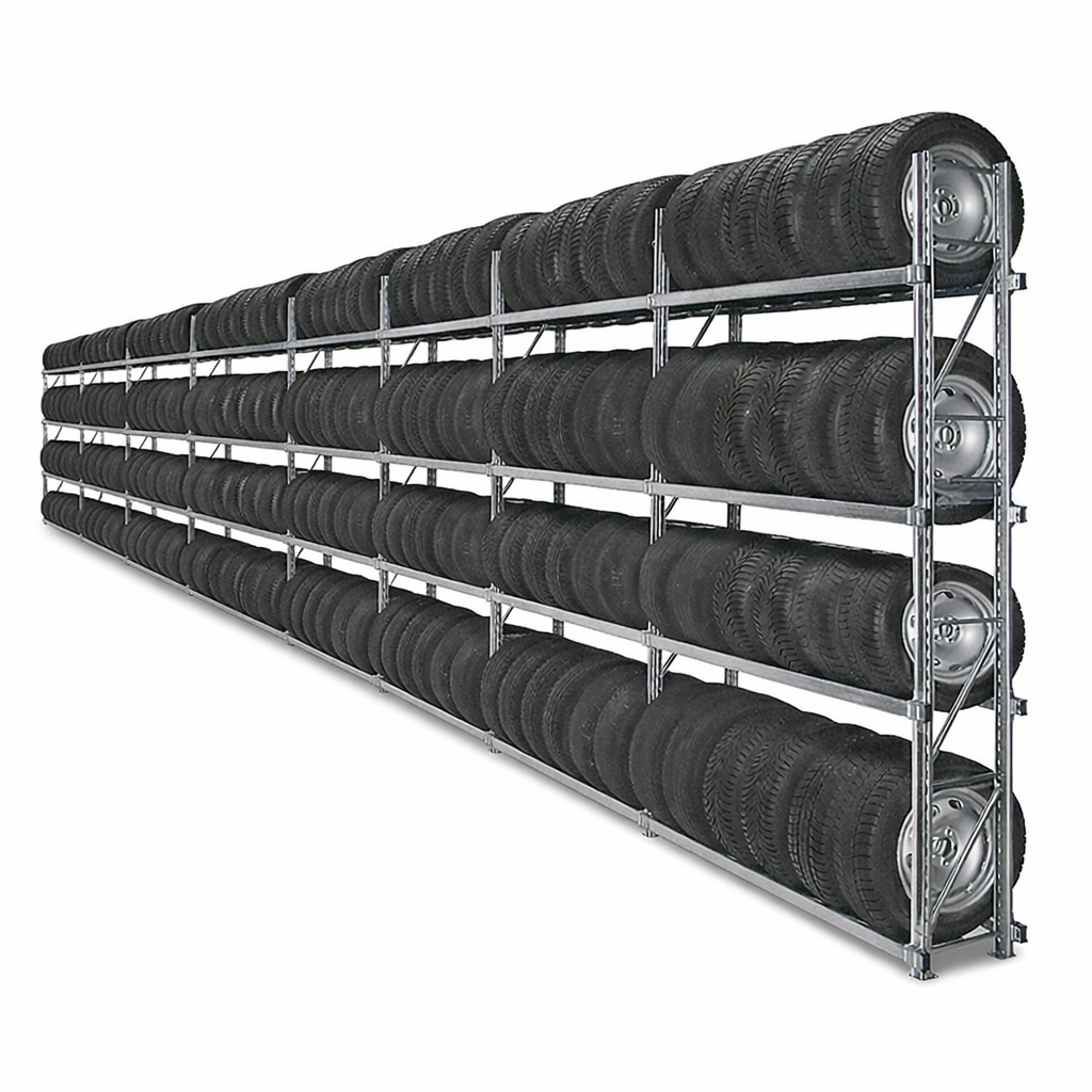 Reifenregal GENIUS | Komplettregal für 40-Fuß-HighCube-Seecontainer | 2x H 2500 x T 400 x L 12000 mm | 4 Ebenen | Fachlast 300 kg | für 384 Räder