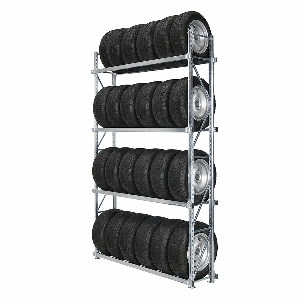 Reifenregal GENIUS | Komplettregal | H 3000 x T 400 x L 1500 mm | 4 Ebenen | Fachlast 300 kg | für 24 Räder